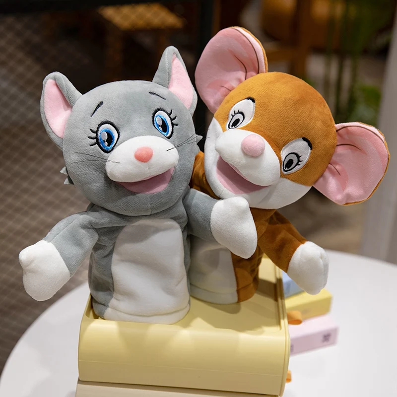 Marionetas de mano de felpa con forma de ratón y gato Kawaii, juguetes educativos para juegos familiares, muñeca de tiempo, 28cm