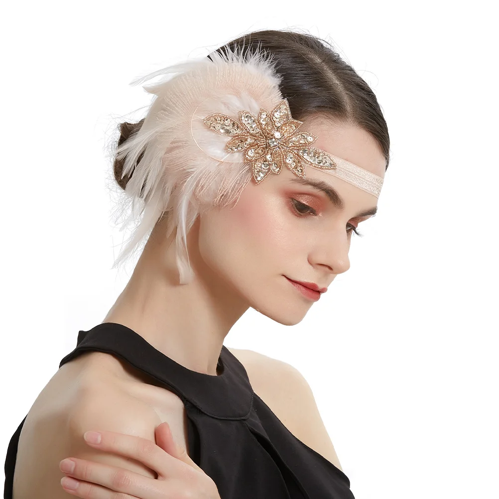 Black Headband Wedding Feather Roaring 20s Accessories for Women Pearl Headpieces 1920s Headbands Flapper Miss