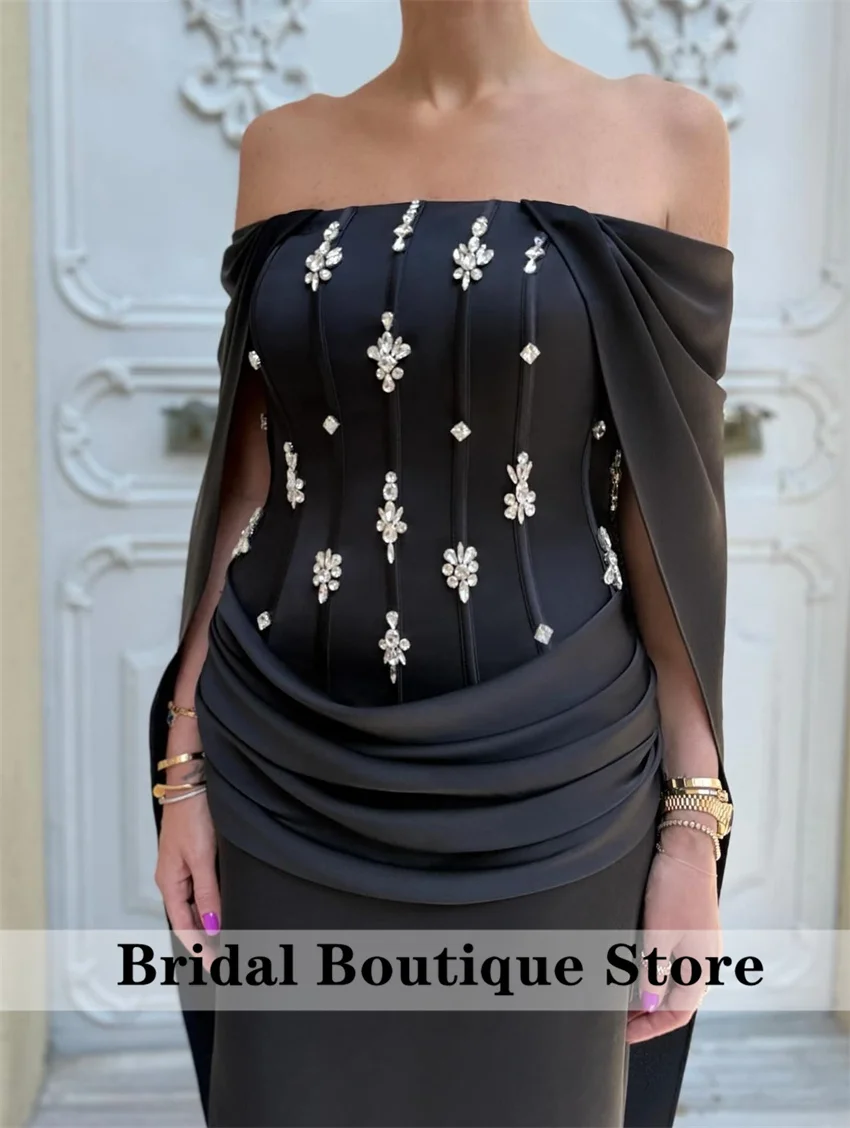 블랙 매력적인 비즈 댄스 파티 드레스 인어 오프 숄더 사우디 아라비아 이슬람 가운 드 Soiree 다이아몬드 이브닝 가운 맞춤형