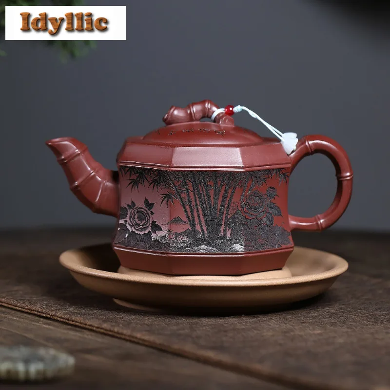 

400ml Yixing Purple Clay Teapots Handmade Octagon Bamboo Joint Pot Raw Ore Dragon's Blood Sand Tea Maker Kettle Zisha Tea Set