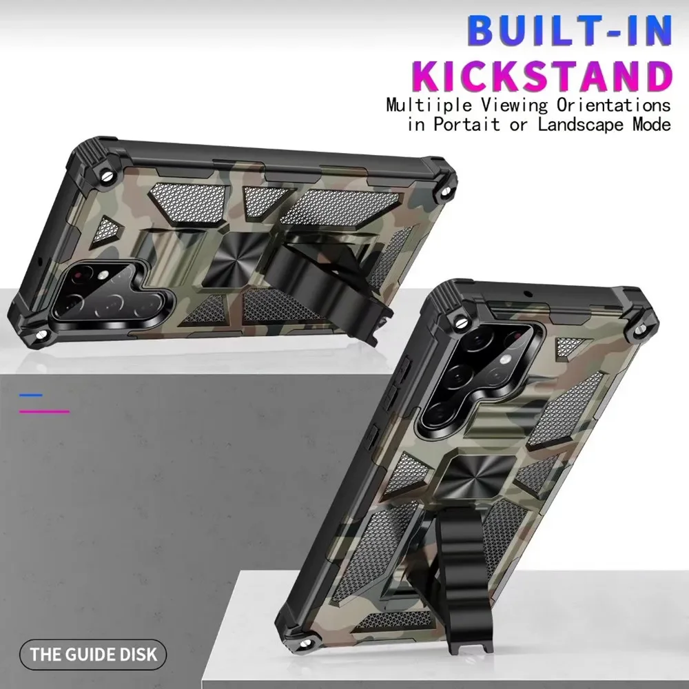 Camouflage Armor Case For Samsung Galaxy S23 S22 Ultra S21 S20 FE 5G TPU Frame Hard Plastic Hidden Kickstand Phone Back Cover