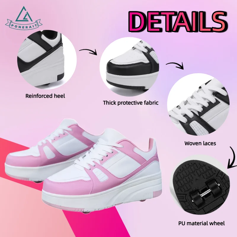PONERAIT Kids And Teens Roller Shoes 4-Wheel PU Skate Shoes Lace-Up Comfortable for Beginners Ideal Outdoor Gift