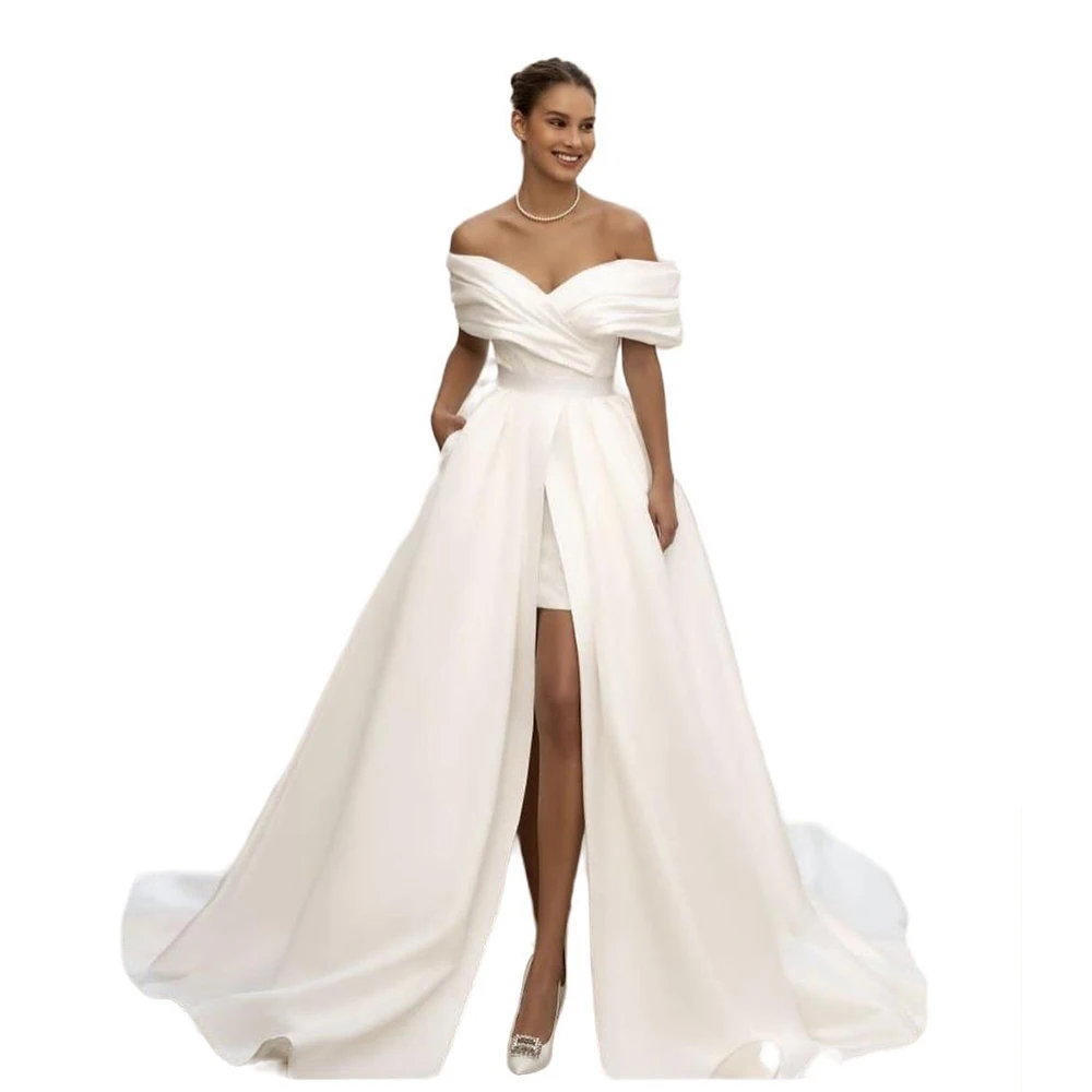 Robe de Mariée Élégante en Satin à Manches Courtes pour Femme, Personnalisée pour Mesurer les Patients, Quelle que soit la Fente Latérale