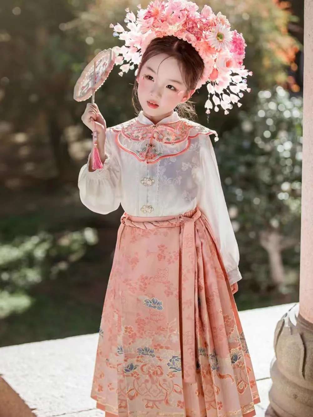 

Spring Girls' Hanfu Set - Long Sleeve Top + A-Line Skirt (2PC) Chinese Traditional Costume, Mermaid Cheongsam Dress for Kids