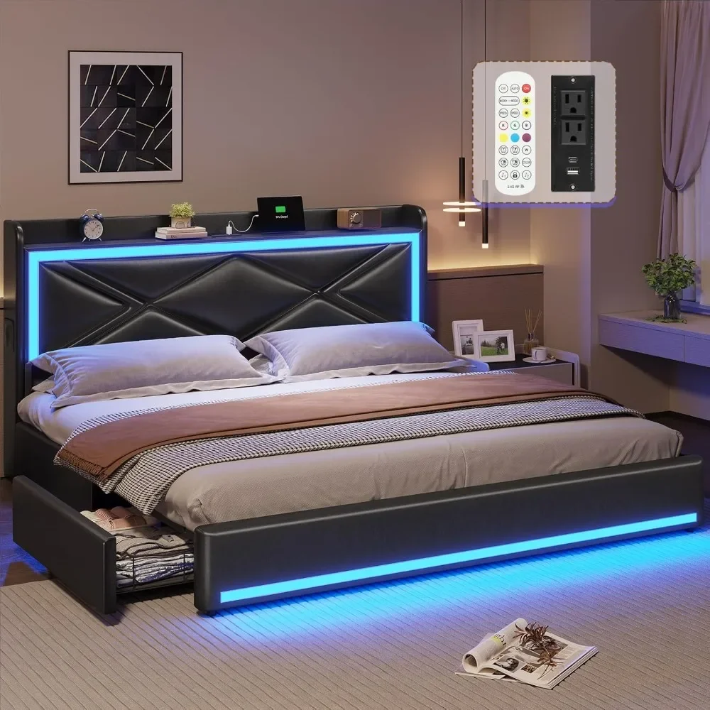 King Size Bed Frame with Storage Drawers & LED Lights Headboard, Faux Leather Platform Bed with USB-C Charging Station