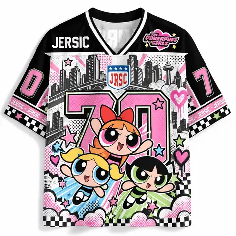 Powerpuff Girls Graphic Jersey Shirt Adult Unisex V Neck Cartoon Streetwear Y2K Sports Style Casual Top