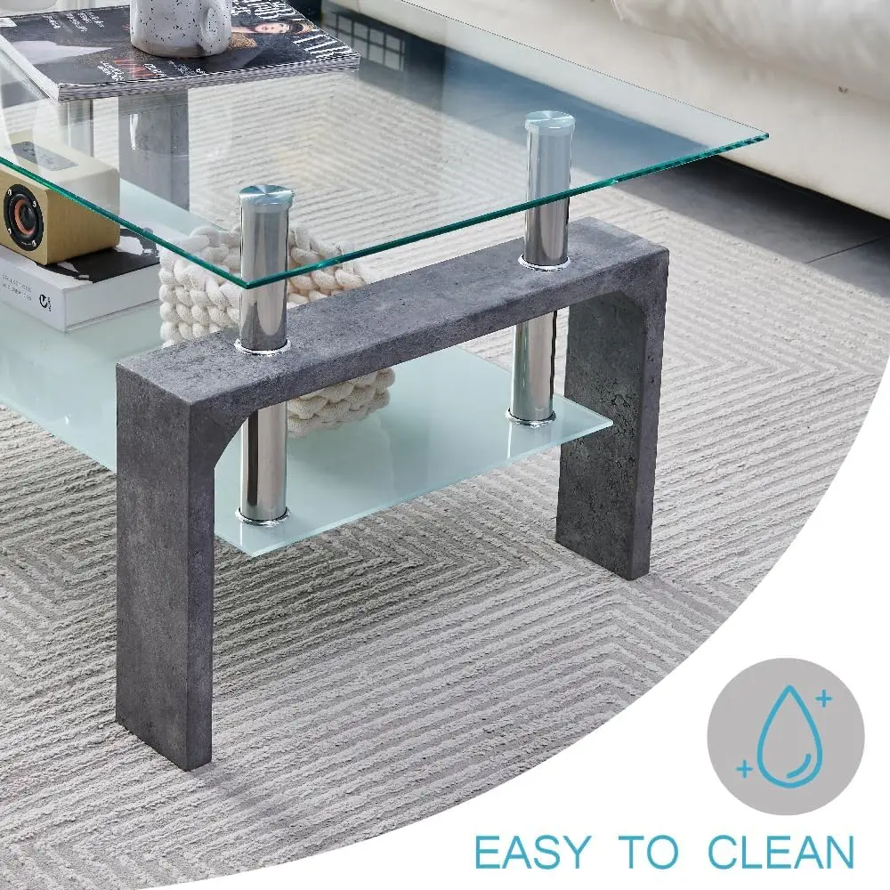 Living Room Rectangle Coffee Table, Tea Table Suitable for Waiting Room, Modern Side Coffee Table with Wooden Leg, Glass