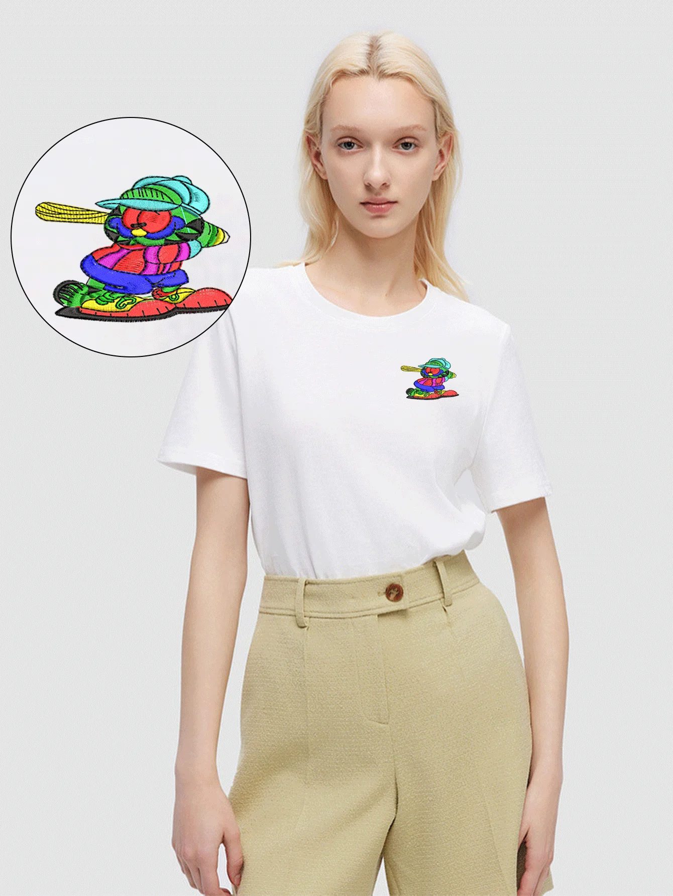 

Women's Pure Cotton Lightweight Batting Cartoon Character Embroidered T-shirt - Soft Comfortable Spring/Summer Casual Top