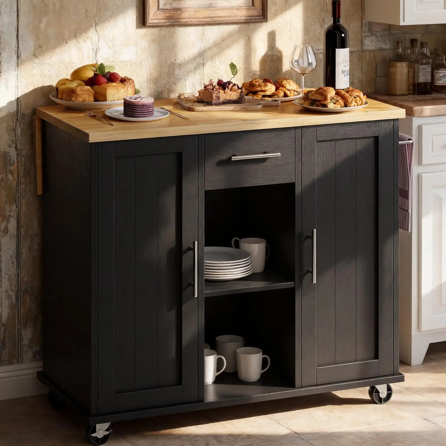 Rolling Kitchen Island Cart with Wheels Island Table Farmhouse Drop Leaf Towel Rack Drawer Storage Cabinet Black