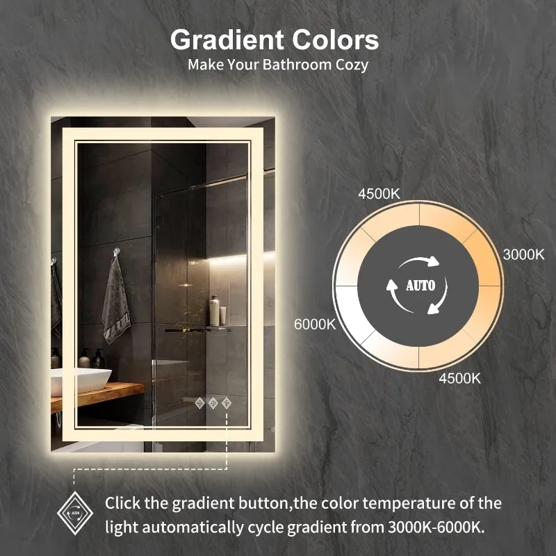 LED Mirror for Bathroom, 24x36 Inch Gradient Front and Backlight LED Bathroom Mirror, 3 Colors Dimmable CRI 90 Double Lights,