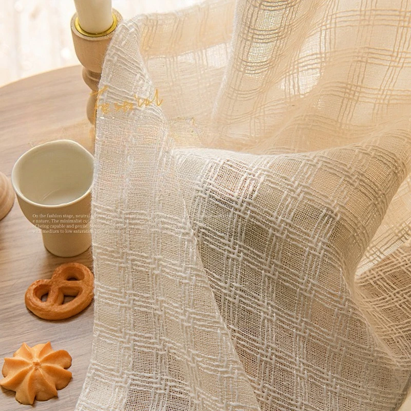 Light Luxury French Checkered Twist Yarn Gentle Tulle High End Cream Colored Simple Bedroom Curtain Custom Size  Fashion