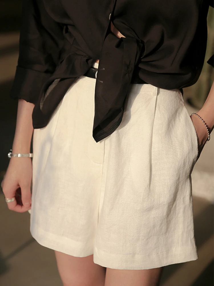 Pantalones Cortos de Lino Puro para Mujer, Blancos, Frescos, de Cintura Alta, Estilo Bermuda, Versátiles, de Cinco Cuartos, E...