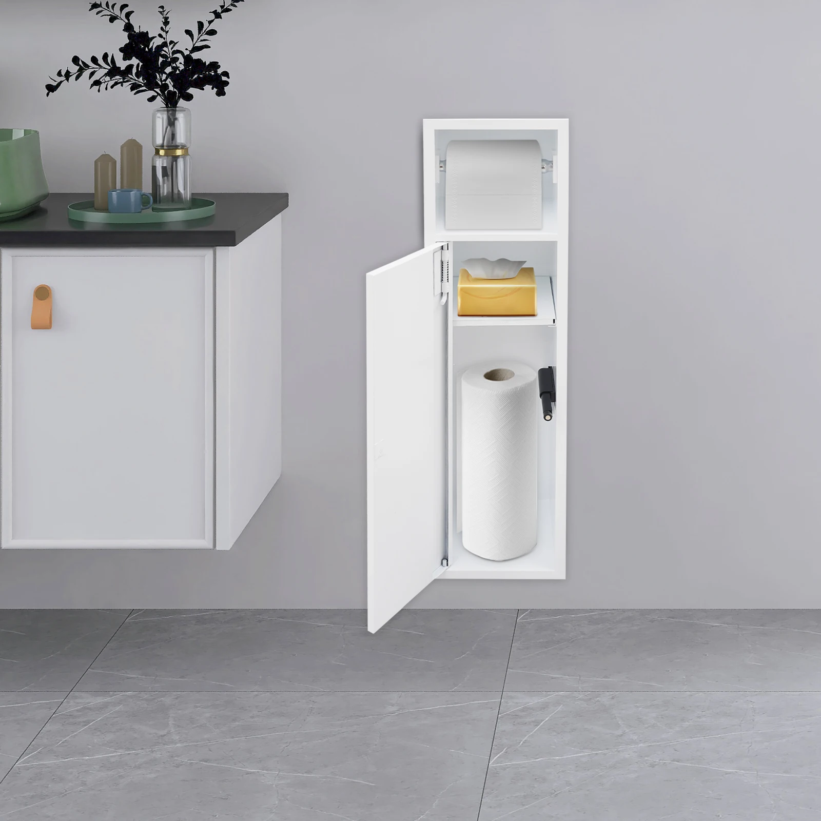 Doppelschichtiger Badezimmerschrank, Badezimmer-Nischen-Shampoo-Taschentuch-Aufbewahrungsregal, 63 x 15 x 15 cm, mit Toilettenpapierhalter – Detail 5