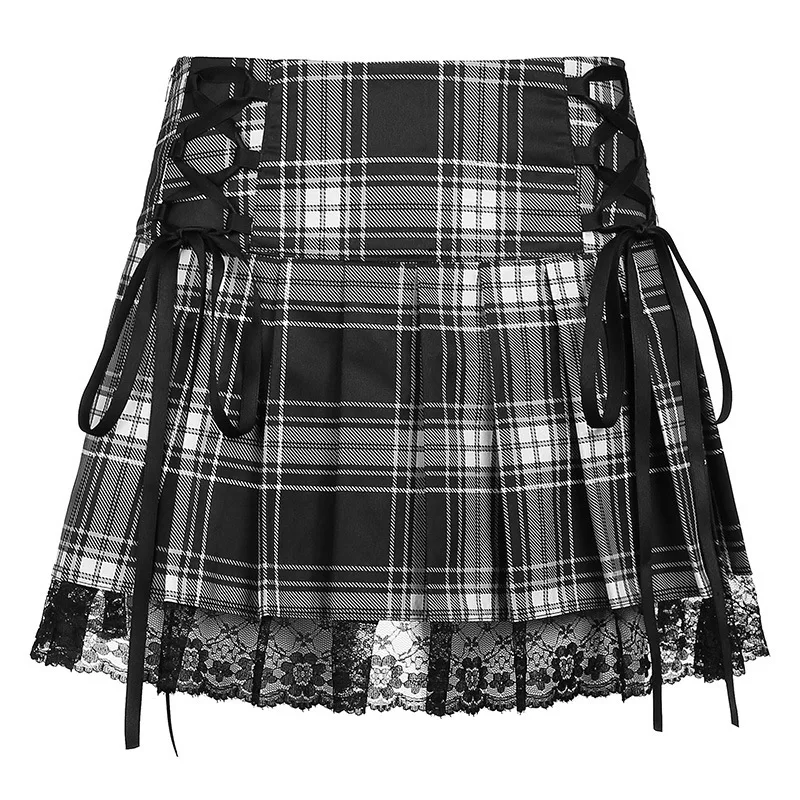 Summer Goth Y2K Skirts Woman Skirts Pink Stripe Plaid Lace Trim Pleated School Plaid Skirt Ladies Aesthetic Tie Up Jupe Femme