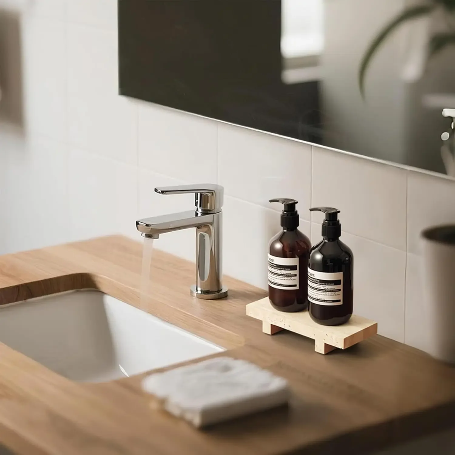 【Natural】Travertine Footed Tray for Kitchen Sink Bathroom Countertop Decorative Tray for Hand Soap Dish Soap Lotion