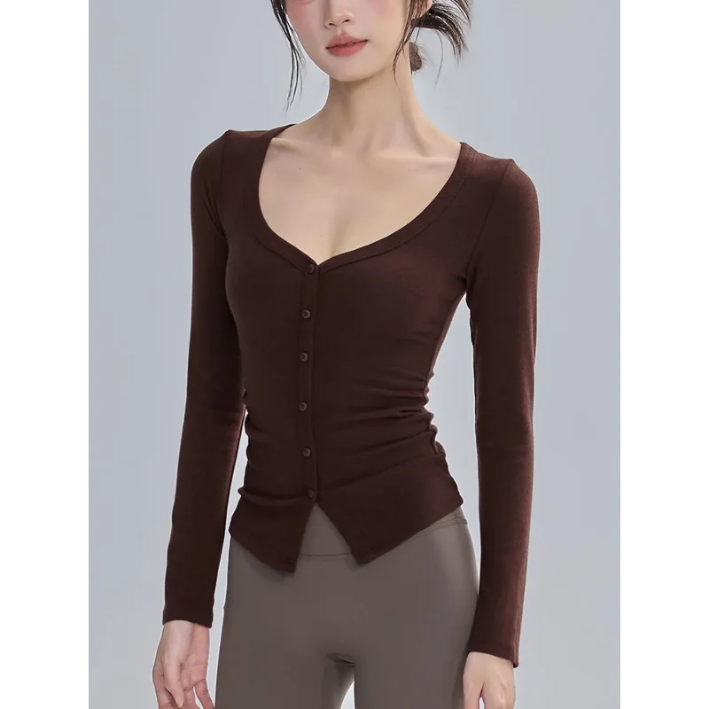 Women's Long Sleeve V-Neck Button Front Slim Fit Sheer Top Stretchy Casual Daily Blouse