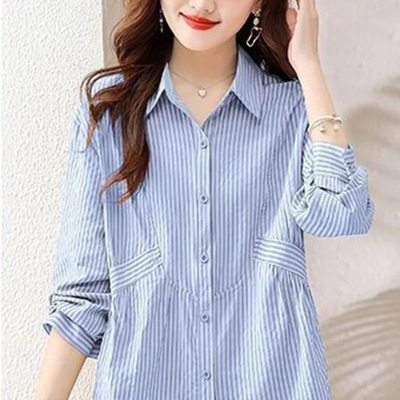 Large Size Striped Long Sleeved Printed Shirt for Women\'s Spring Autumn New Stylish Loose Slimming Belly Covering Versatile Top