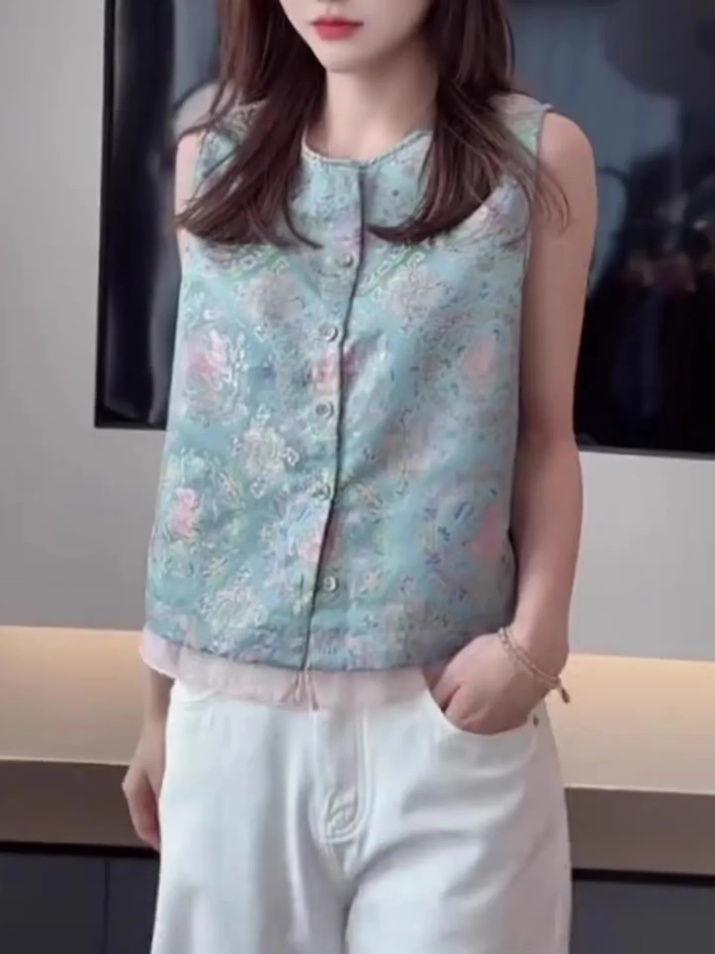 Color Blo round Ne Svel Vest Button Design Chinese Sle Printed Top Women's Faion Summer New Arrival