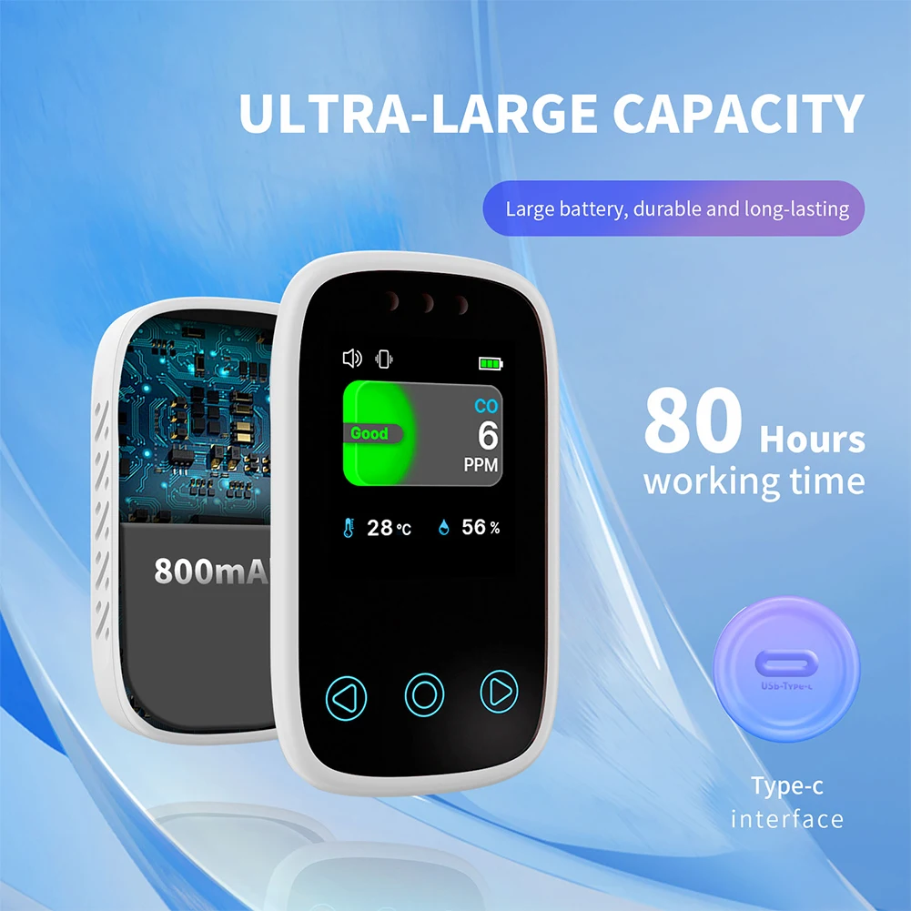 3 in 1 CO Temperature Humidity Meter Auto Brightness Portable Digital Display Type-C Rechargeable for Home Outdoor Garage Travel