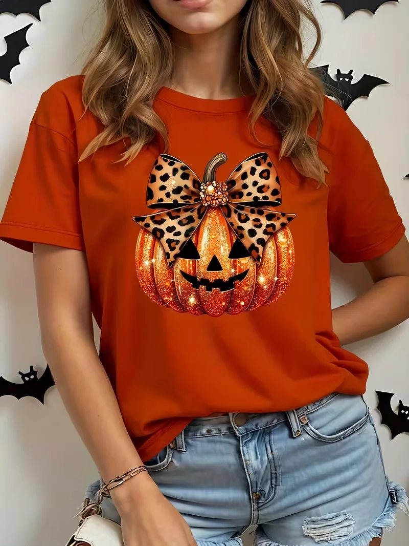 Halloween Leopard Printed Bow Pumpkin Printed Women's T-shirt fashion festival street short sleeved round neck women's clothing