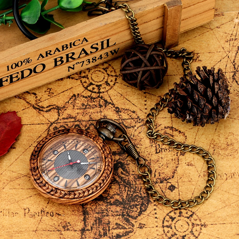 

Деревянные кварцевые карманные часы с открытым лицом и бронзовой карманной цепочкой, винтажные стильные деревянные часы с подвеской, подарок для мужчин