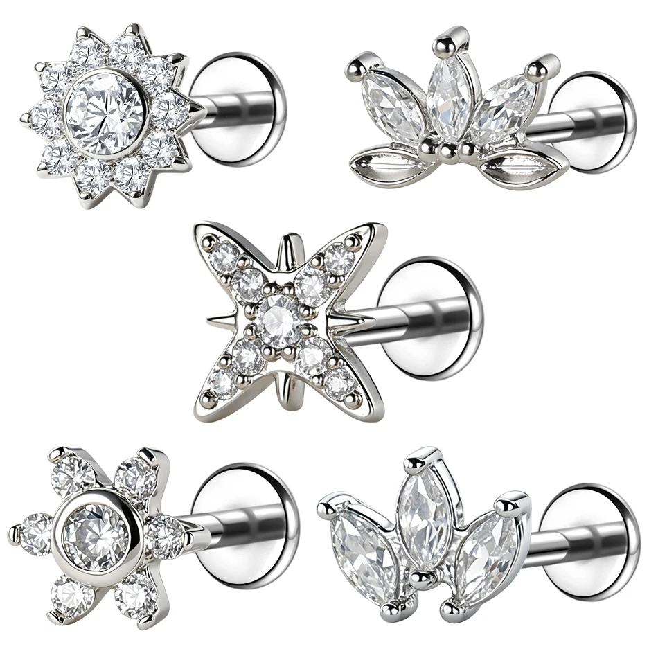 1 Stück Stahl & Kupfer Zirkon Flacher Ohrstecker Blumen-Design für Ohrläppchen Helix Tragus Knorpel Medusa Piercings Damenschmuck 16G – Detail 11