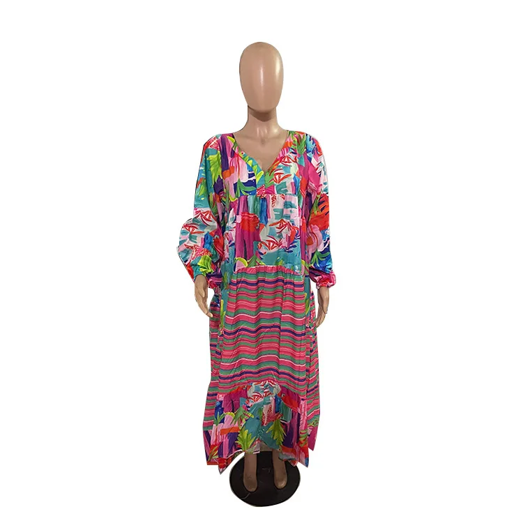 African Print Dresses for Women Summer Sexy African Long Sleeve V-neck Polyester Long Pleated Dress Maxi Dress African Dresses