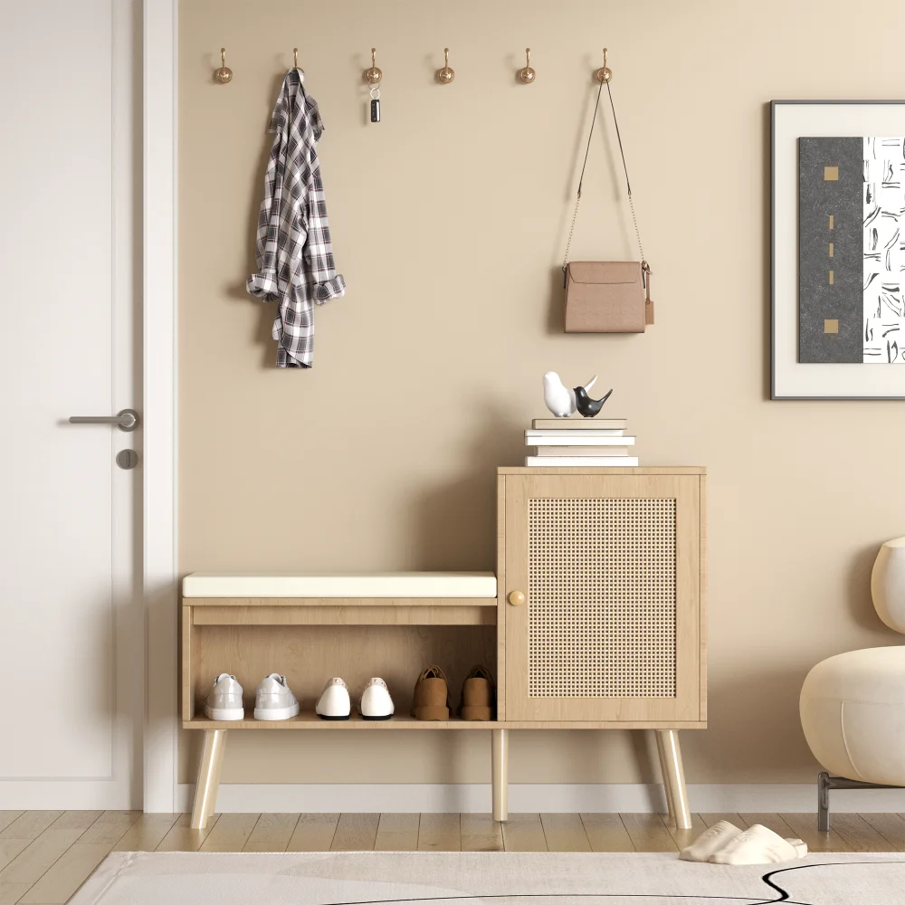 2-in-1 Shoe Storage Bench Natural Rattan Shoe Cabinet 2 Adjustable Shelves Removable Seat Cushion Modern Entryway Shoe Storage