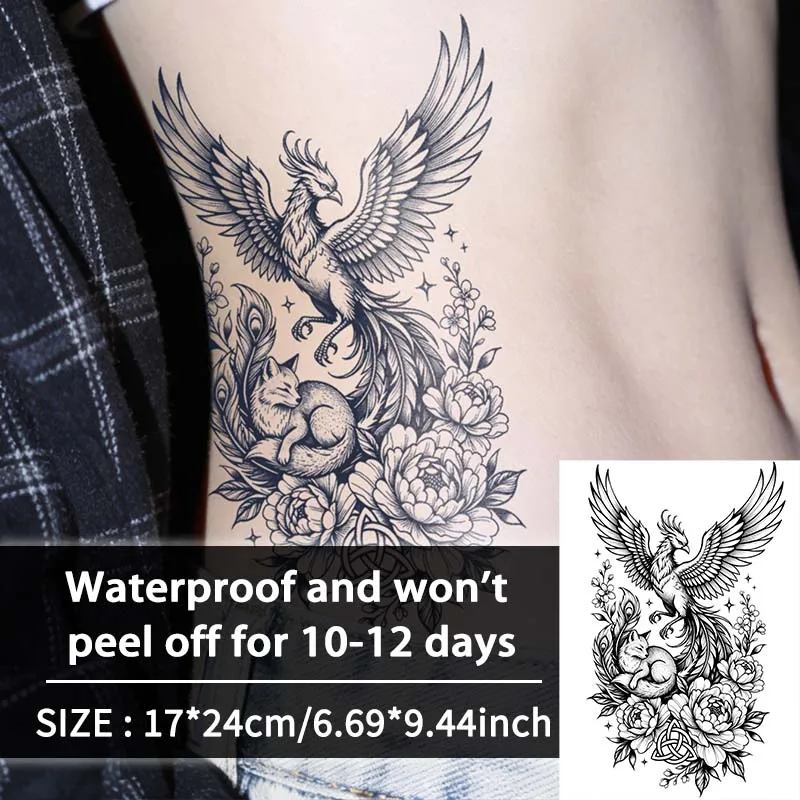 Elegant Floral Phoenix Fox Herbal Temporary Tattoo Stickers, Long-lasting Waterproof for 1~2 Weeks, For Man and Women, Arm, Leg