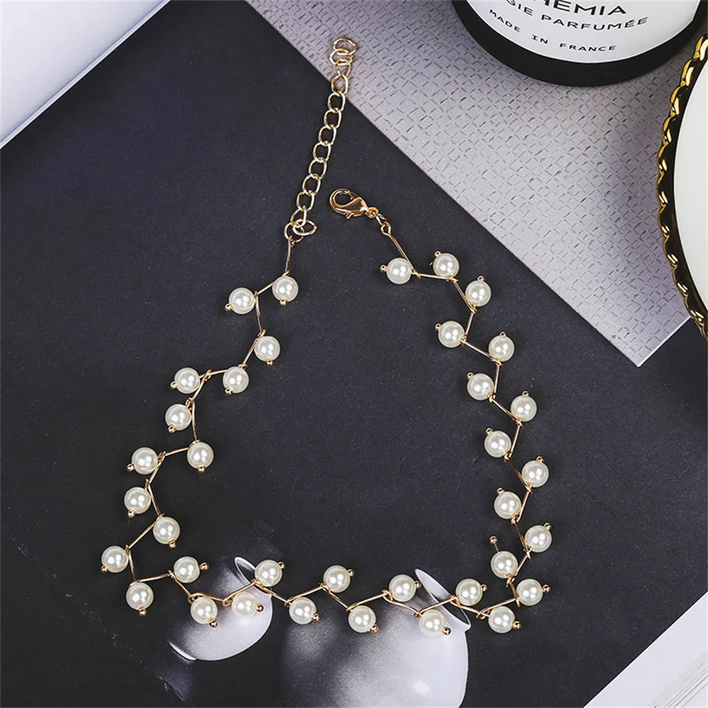 Imitation Pearl Chain Choker Simple Gold Color Clavicle Chain Necklace For Women Fashion Party Jewelry Trendy Wear image 4