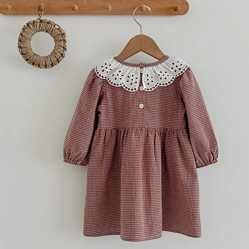 Autumn Kids Baby Girls Dress Lace Collar Grid Princess Dress New Baby Girls Sweet Dress Cotton Children Girls Clothes Dress