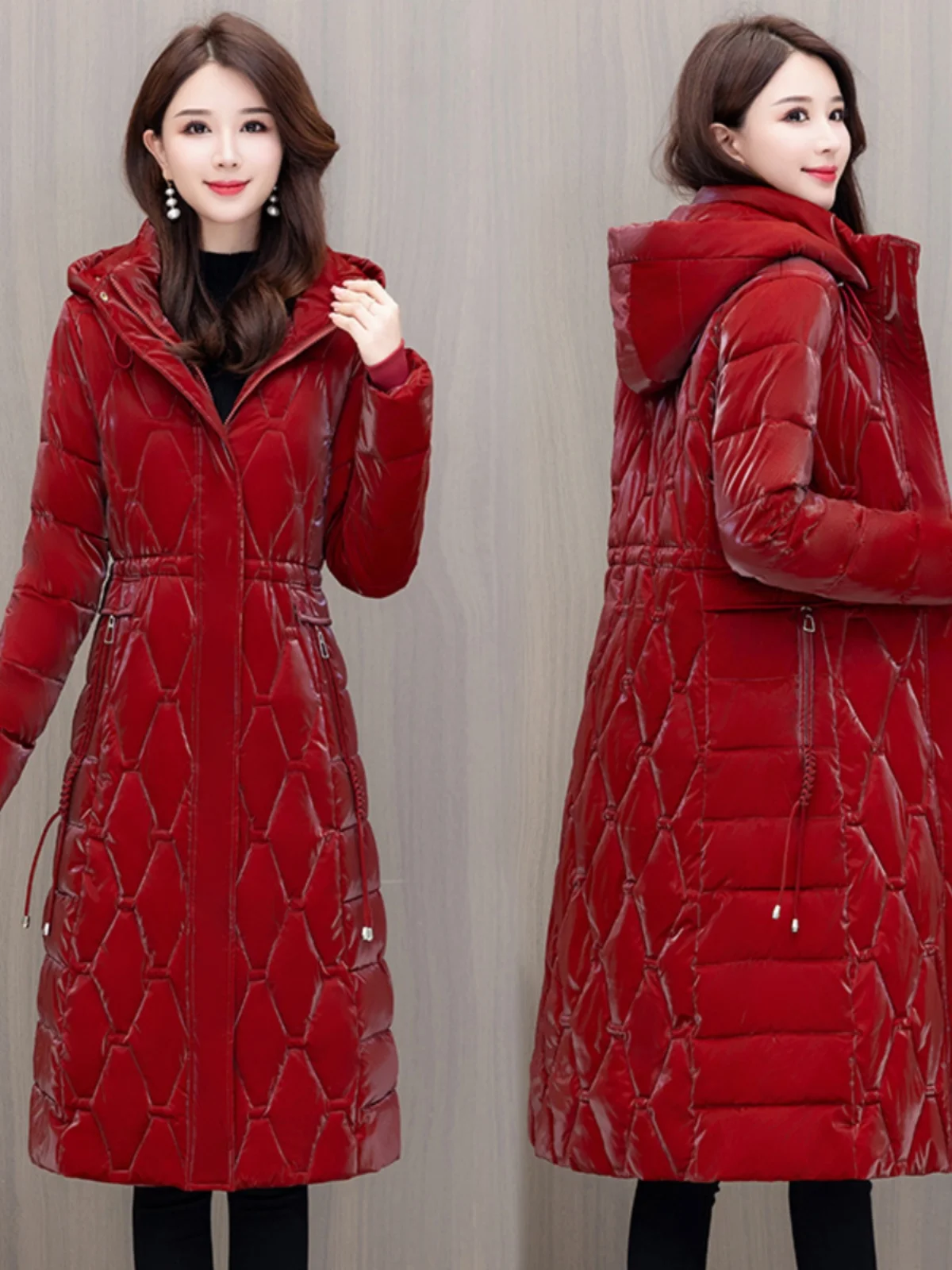 

Thiened хлопковое стеганое пальто, женское длинное зимнее пальто выше колена со съемной шапкой, корейская однотонная молния для поездок на работу