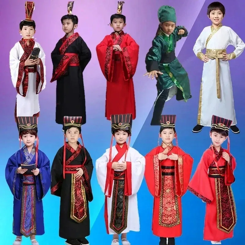 Костюм для косплея, черные костюмы Hanfu для мальчиков, древняя детская одежда, одежда для выступлений, красные детские комплекты, сценический комплект для мальчиков-подростков