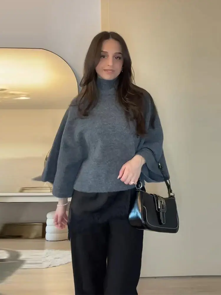 

Women's Turtleneck Knit Sweater Flared Sleeve Loose Fit Soft Pullover Casual Chic Cropped Sweaters Daily Fashion Knitwear Top