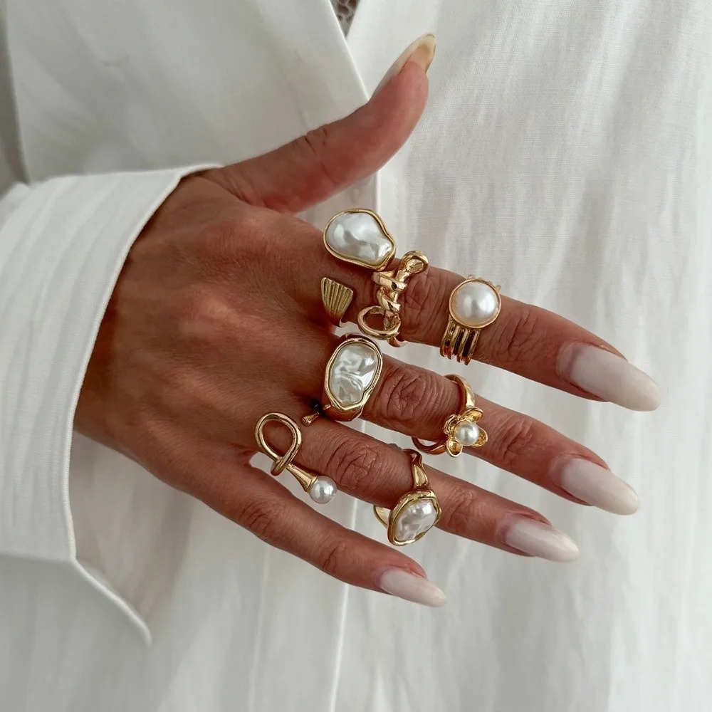 Baroque Imitate Pearl Ring Set Geometric Mold Flower Outline Metal Ornament Ins Sweet Cool Tone Multi Stack Layout