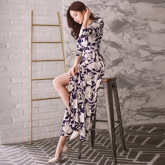 Spring Summer Vintage Bla White Print Wrap Dr Ele Long V Ne Piece Holiday Women's Dr Sweet n High Waist
