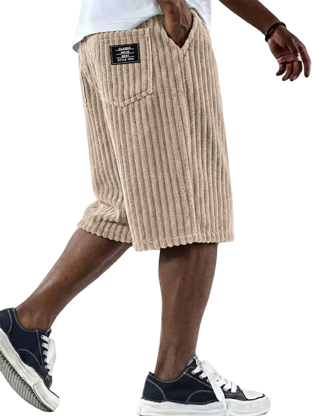 New men's corduroy shorts with vertical stripes, elastic waist, casual loose shorts, daily street wear, plus size S-5XL