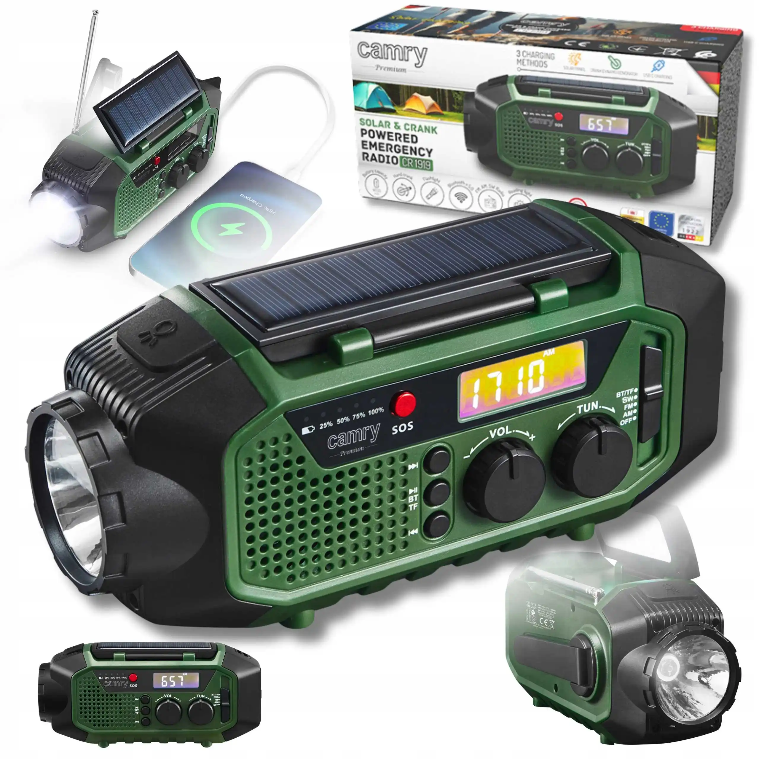 Solar-Kurbelradio mit USB-C, FM, Powerbank, AM/SW, Bluetooth, Micro-SD, Taschenlampe, LED-Licht und LCD-Display