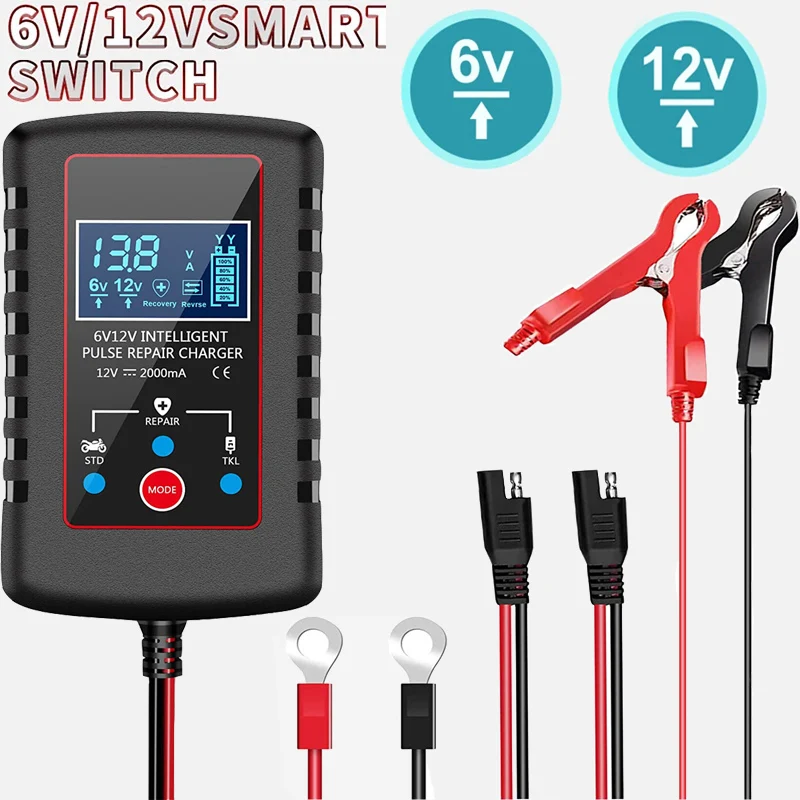 6V 12V Car Motorcycle Battery Charger Digital LCD Display Suitable for Motorcycle Lawn Mower Tractor Lead Acid AGM Gel Battery