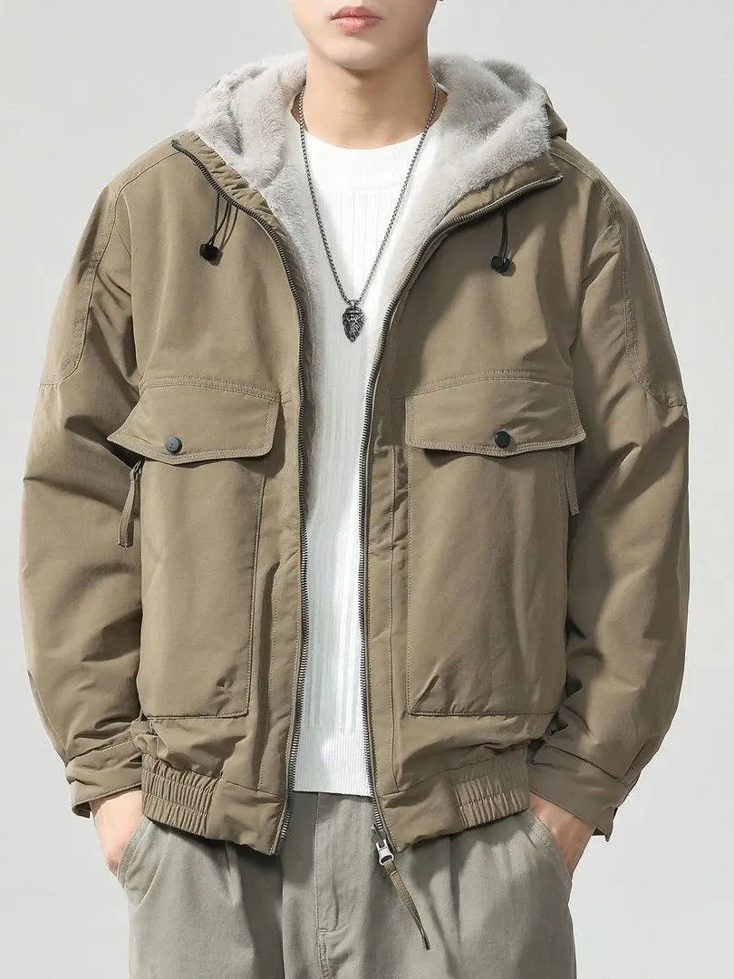 

Утепленная хлопковая куртка с капюшоном для работы, молодежная модная модель с длинными рукавами, приталенный крой, повседневный стиль, однотонный дизайн