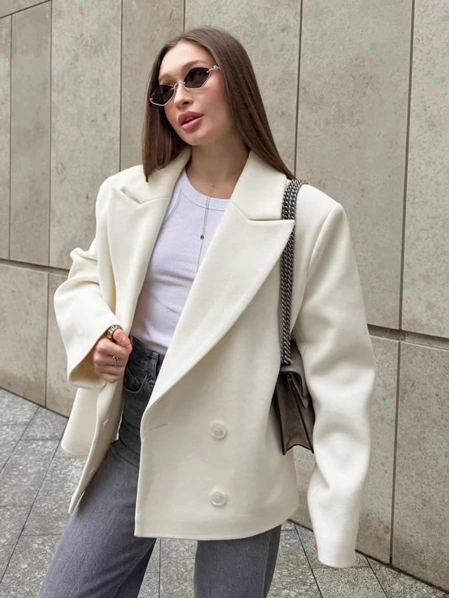 TWOTWINSTYLE Wit High End Office Jas voor Vrouwen Notched Kraag Lange Mouw Patcfhwork Double Breasted Herfst Jas Vrouwelijke Nieuwe