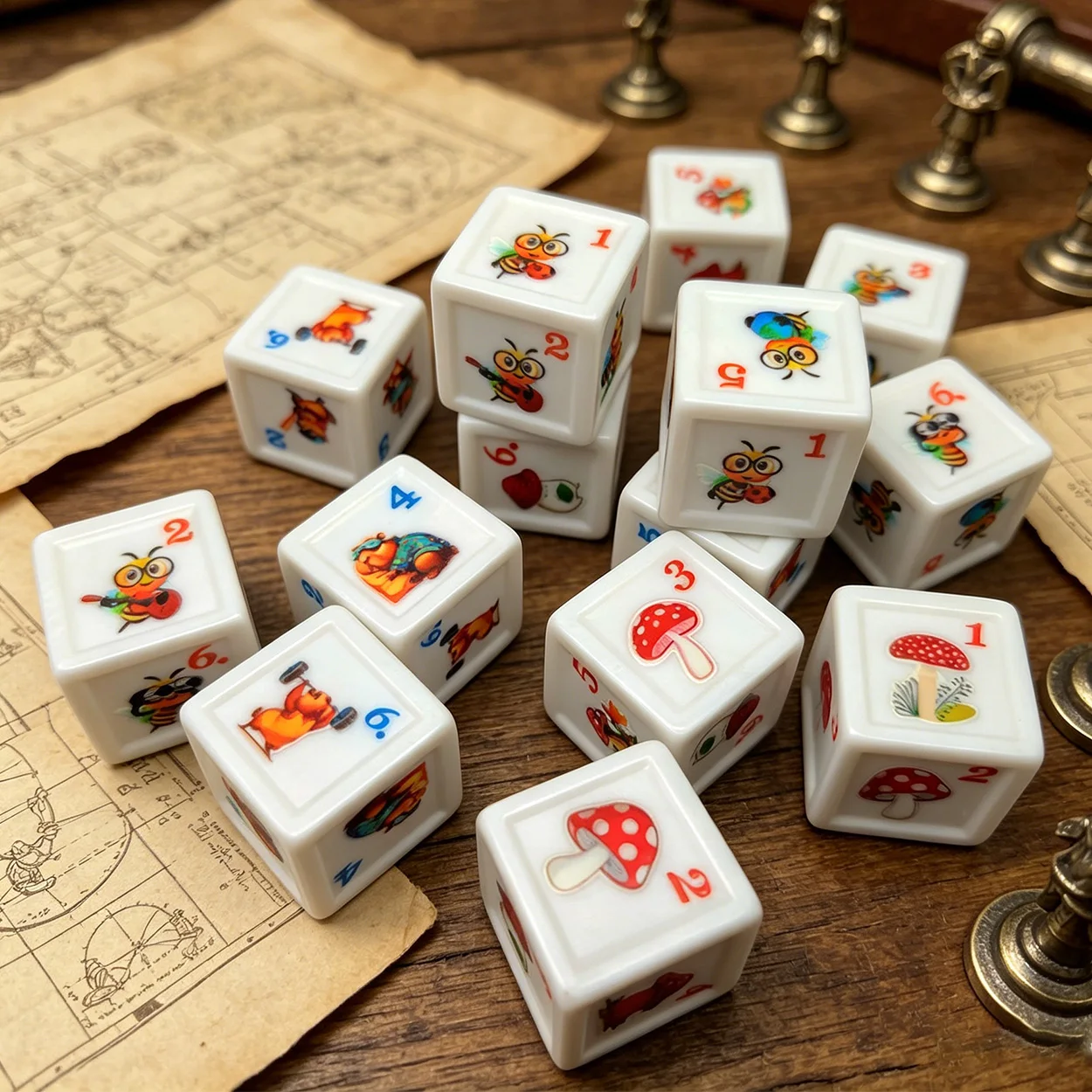 

15pcs Marble Texture 20mm Touch Dice with Cute Cartoon Bee Capybara Mushroom Designs, Fun Party Game for Family & Friends Gather