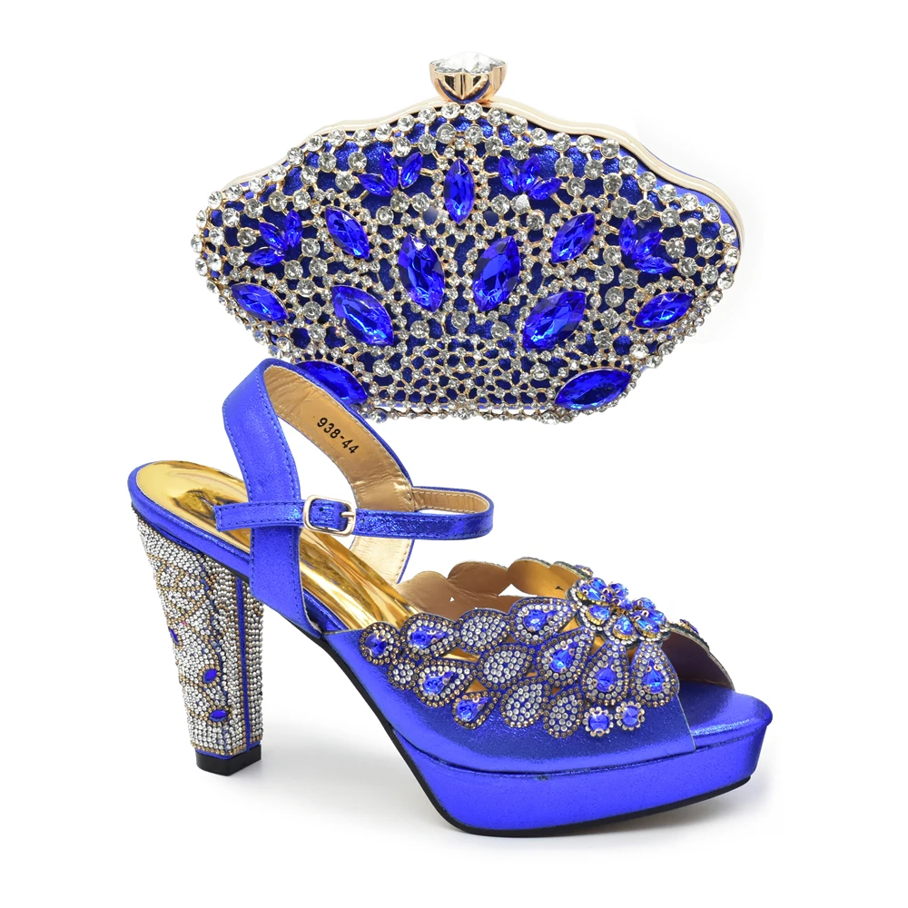 Ladies Party Shoes with Matching Bag with Rhinestone High Heels Peep Toe Royal Blue Shoe and Purse Wedding Bride Shoes Designer