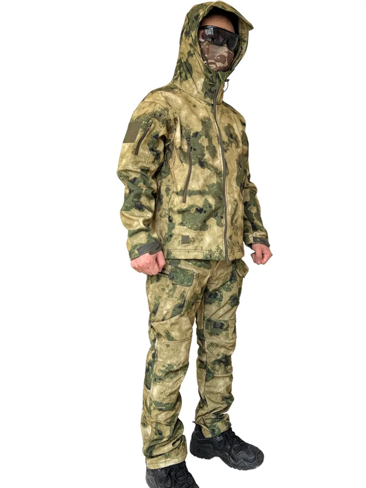 Costumes tactiques d'hiver pour hommes, uniforme de travail extérieur, veste camouflage multi-poches, pantalon Cargo à capuche, coupe-vent, ensembles de fermeture éclair en polaire pour la chasse