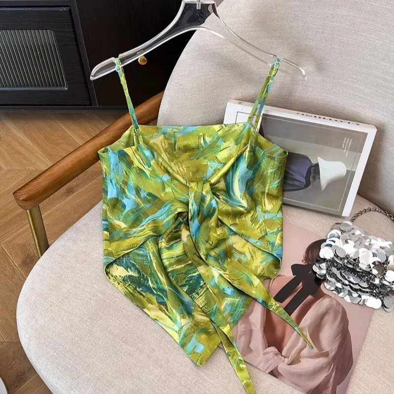 

Women's clothing 2025 spring new contrasting colors, suspender, big halter, navel lace-up T-shirt, top women