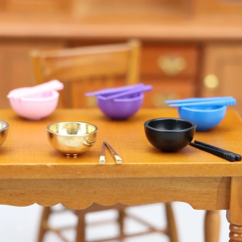 1Set 1:12 Dollhouse Miniature Bowl Chopsticks Model Kitchen Tableware Accessories For Doll House Decor Kids Pretend Play Toys