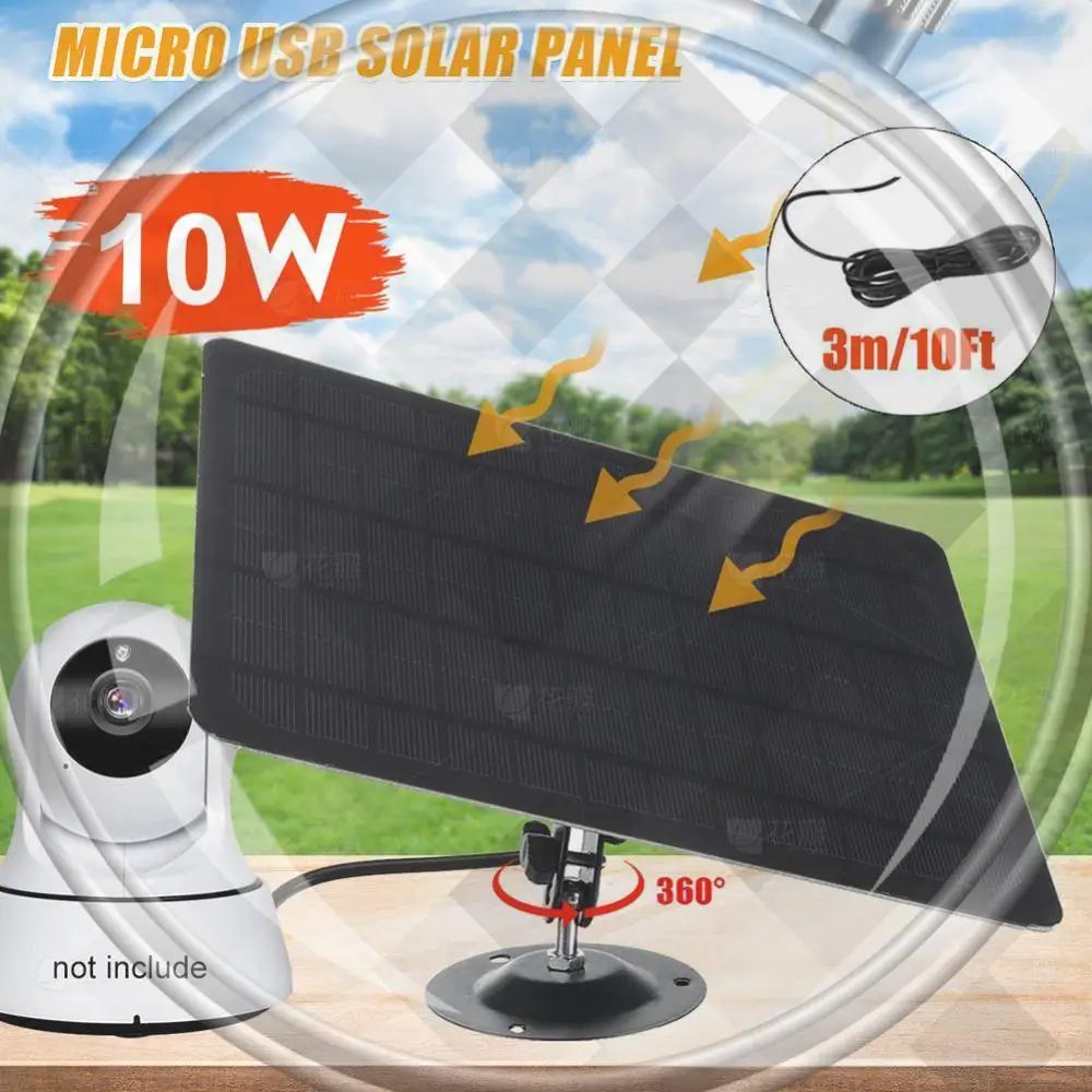 

Солнечная панель 5В 10Вт с кабелем Micro USB 3м для зарядки, зарядное устройство на солнечных батареях, солнечная батарея для беспроводных уличных камер видеонаблюдения