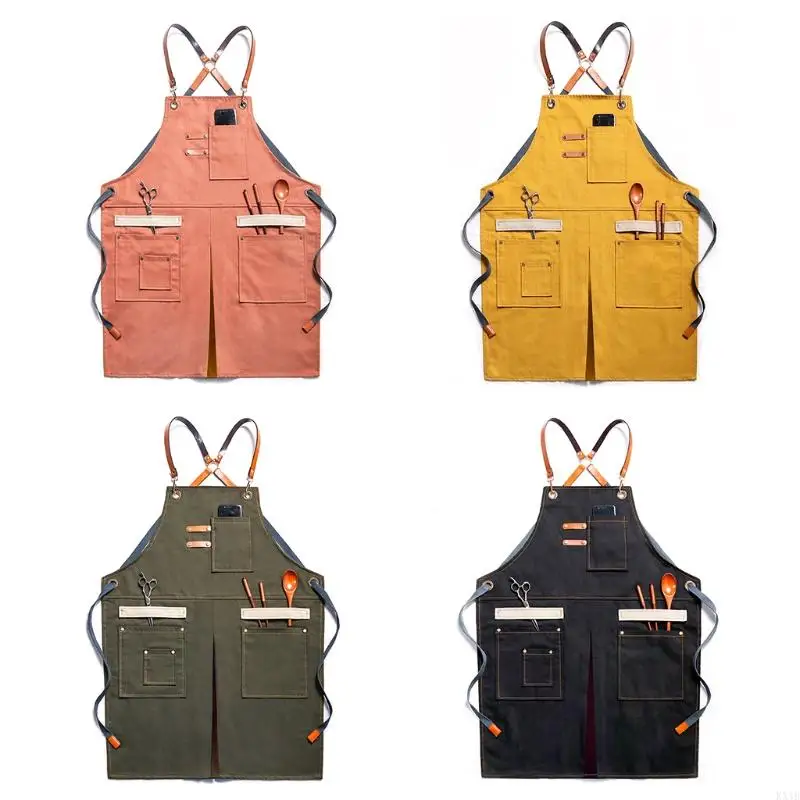 KX4B Unisex Apron for Men Women Hair Hairdressing Craftsmen Barista BBQ Coffee Shop Garden Work Apron with Pockets