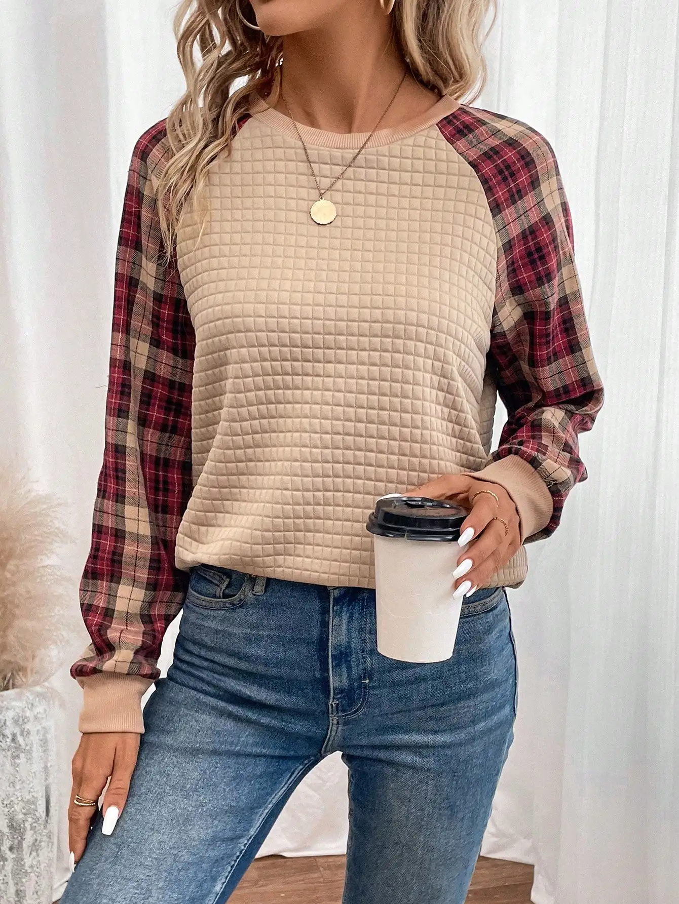 เสื้อสเวตเชิ้ตแขนแรกลันลายสก๊อตสำหรับผู้หญิง เสื้อลำลองฤดูใบไม้ร่วงฤดูหนาว