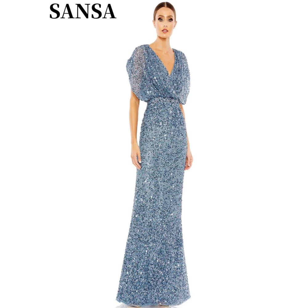 

Sansa Elegant Glitter A-line Sequin Evening Dress V Neck Floor-Length Girding Wedding Dresses Cap Sleeve vestidos de fiesta 2024
